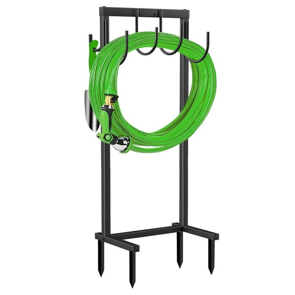 Garden Hose Holder Water Hose Holder with 4 Spikes Freestanding Garden Hose Storage Stand Sturdy Hose Hanger Heavy Duty 6 Hooks Hose Organizer for Outside, Black