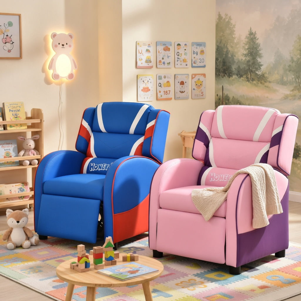 Barara King Kids PU Leather Recliner Chair with Side Pockets, Kids Gaming Sofa Recliner Chair for Living Room, Bedroom, Blue