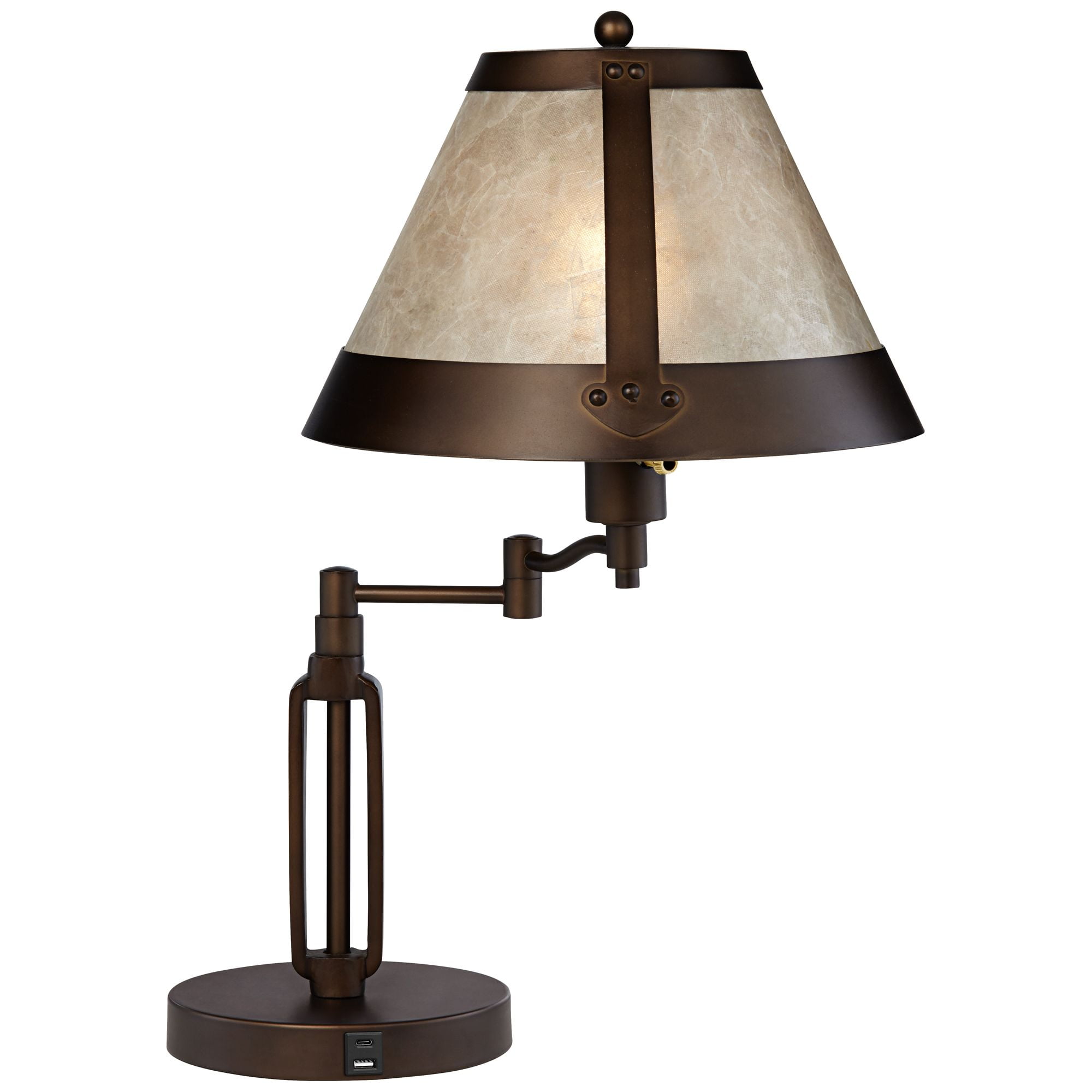 Franklin Iron Works Samuel Industrial Desk Lamp 21 1/4" High Bronze Swing Arm with USB Charging Port Natural Mica Shade for Bedroom Living Room House