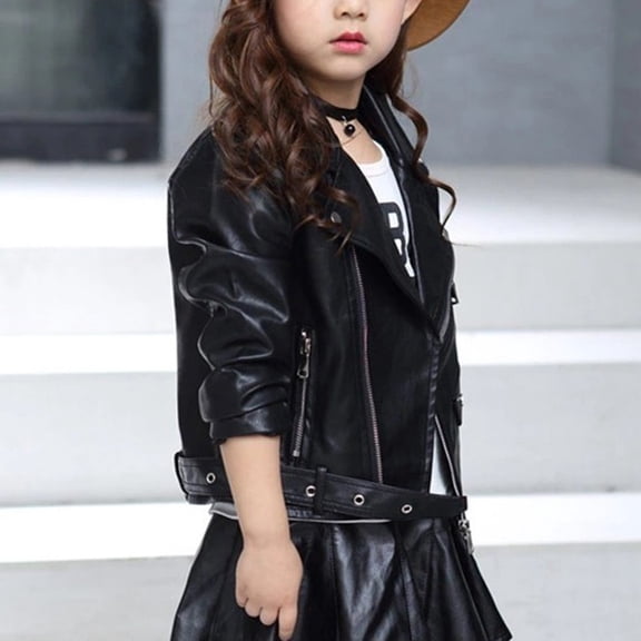 ATOGUTA Girls' Outerwear Jackets & Coats Children's Motorcycle Faux Leather Zipper Coat Black, Size 3T-13