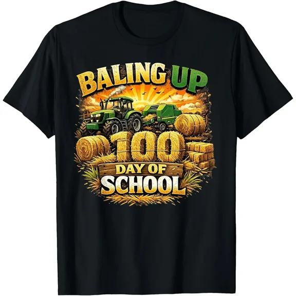 Baling Up 100 Days of School Tractor Tractor 100th Day Party T-Shirt