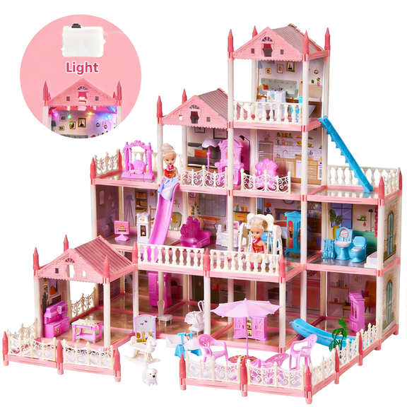 Dollhouse for Kids, 14 Rooms Doll House with Warm Light, DIY Playhouse with Furniture, Light Strip & Slide, Kids Doll House for Girls Ages 3-12, Pink