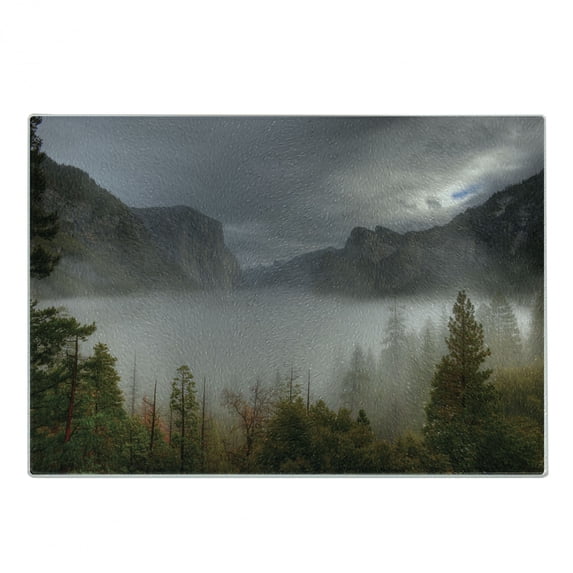 Yosemite Cutting Board, American Valley Autumn View Dark Clouds Heavy Haze Rainy Day Landscape Print, Decorative Tempered Glass Cutting and Serving Board, Small Size, Green Grey, by Ambesonne