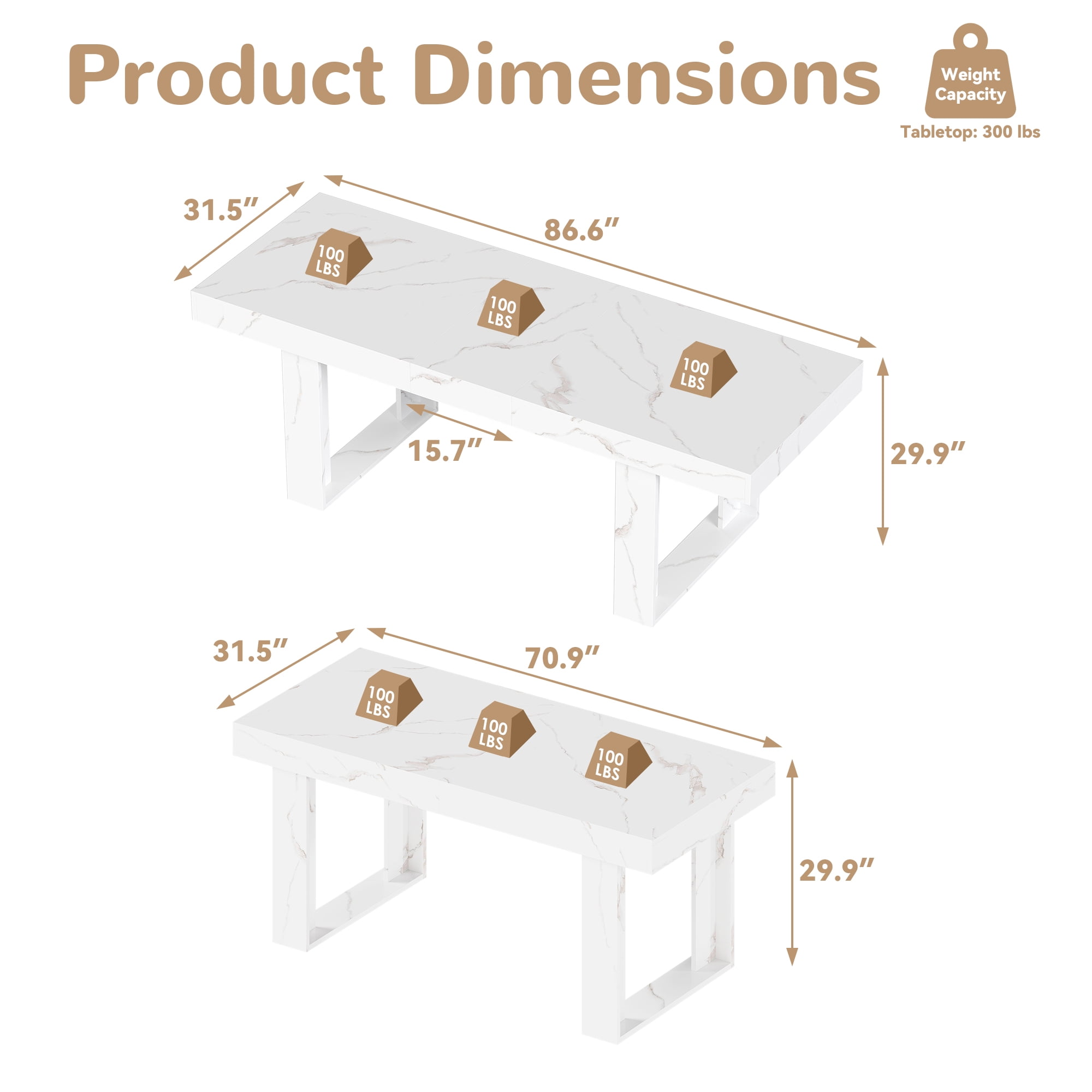 Coewske 70.9''-86.6'' Wooden Extendable Dining Table Kitchen Expanding Table w/Faux Marble Tabletop White