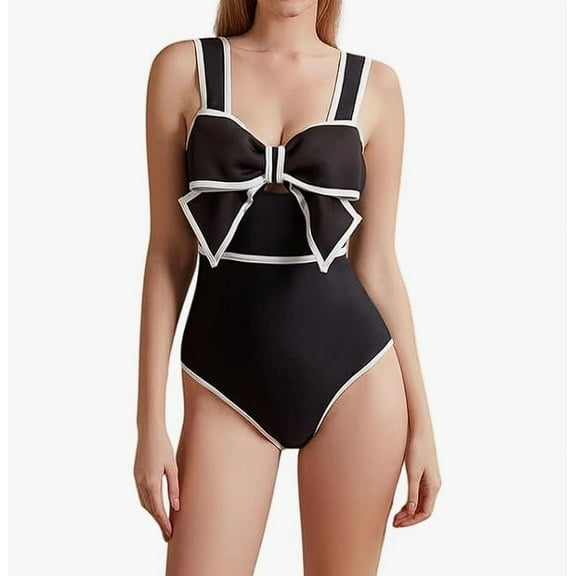 JASGARDE Women's Black and White One-Piece Swimsuit with Bow-tie Decor One Piece Bathing Suit Beachwear