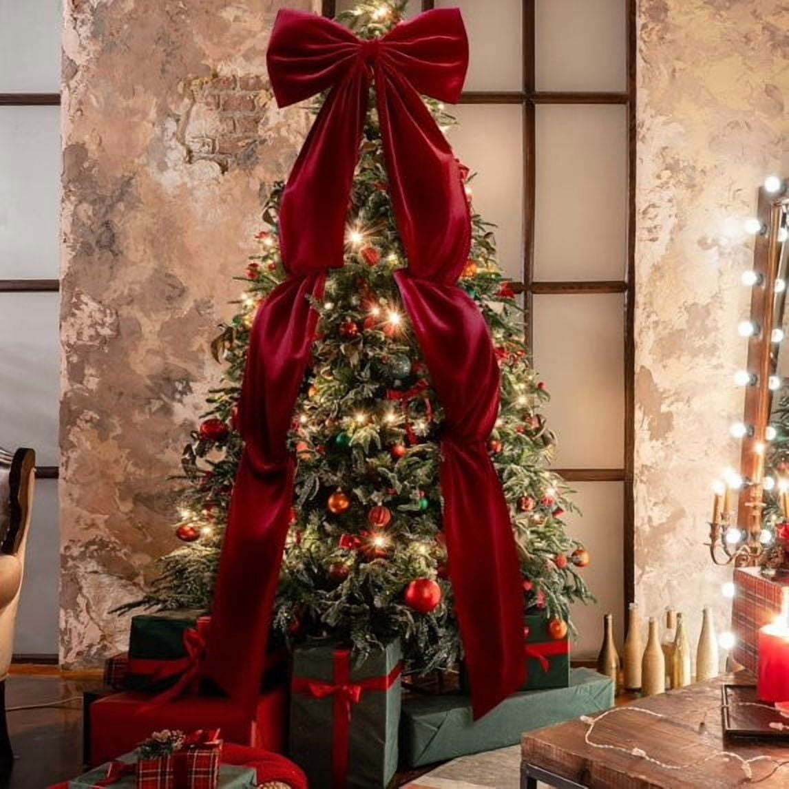 Dpityserensio Bows Xmas Extra Large Velvet Christmas Tree Topper Bow 118 X 28 Inch Red Bow With Long Streamers Oversized Wrapping Gifts For Holiday Xmas Tree Wedding Home Party D