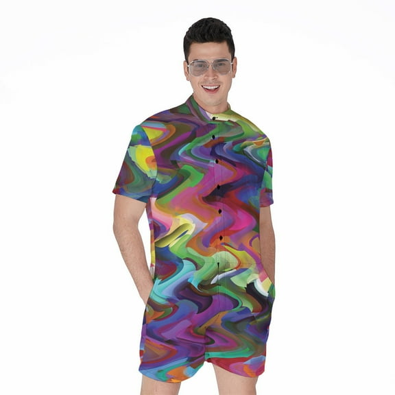 Watercolor Psychedelic Short Sleeve Men'S Rompers, Psychedelic Casual Summer Jumpsuits Outfit