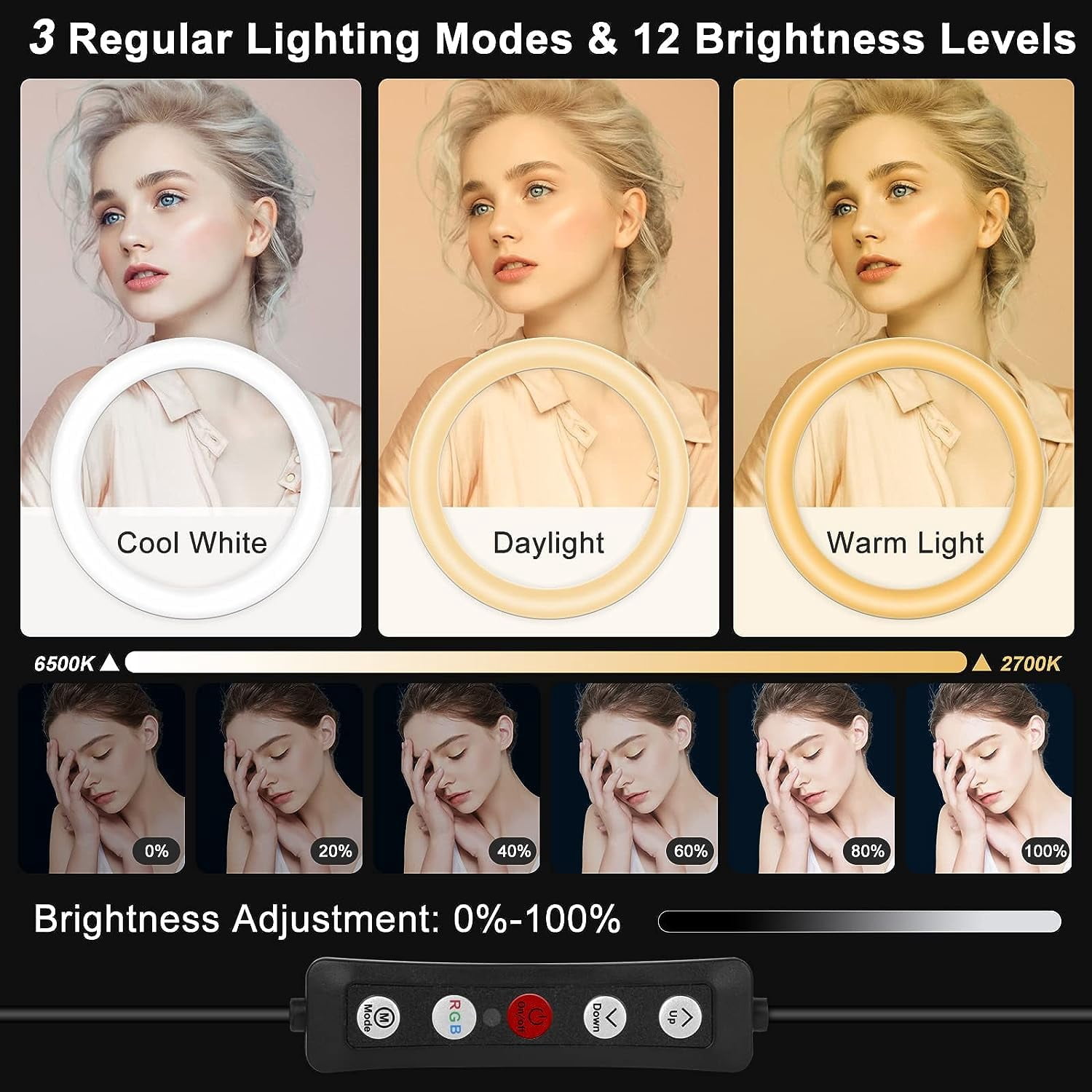 10.3" Selfie Ring Light With Stand And Phone Holder  Desk Tripod 29 Rgb Lighting Modes Remote For &android Camera. Led Halo Photo Video Recording Tiktok. Circle Ringlight Dimmable
