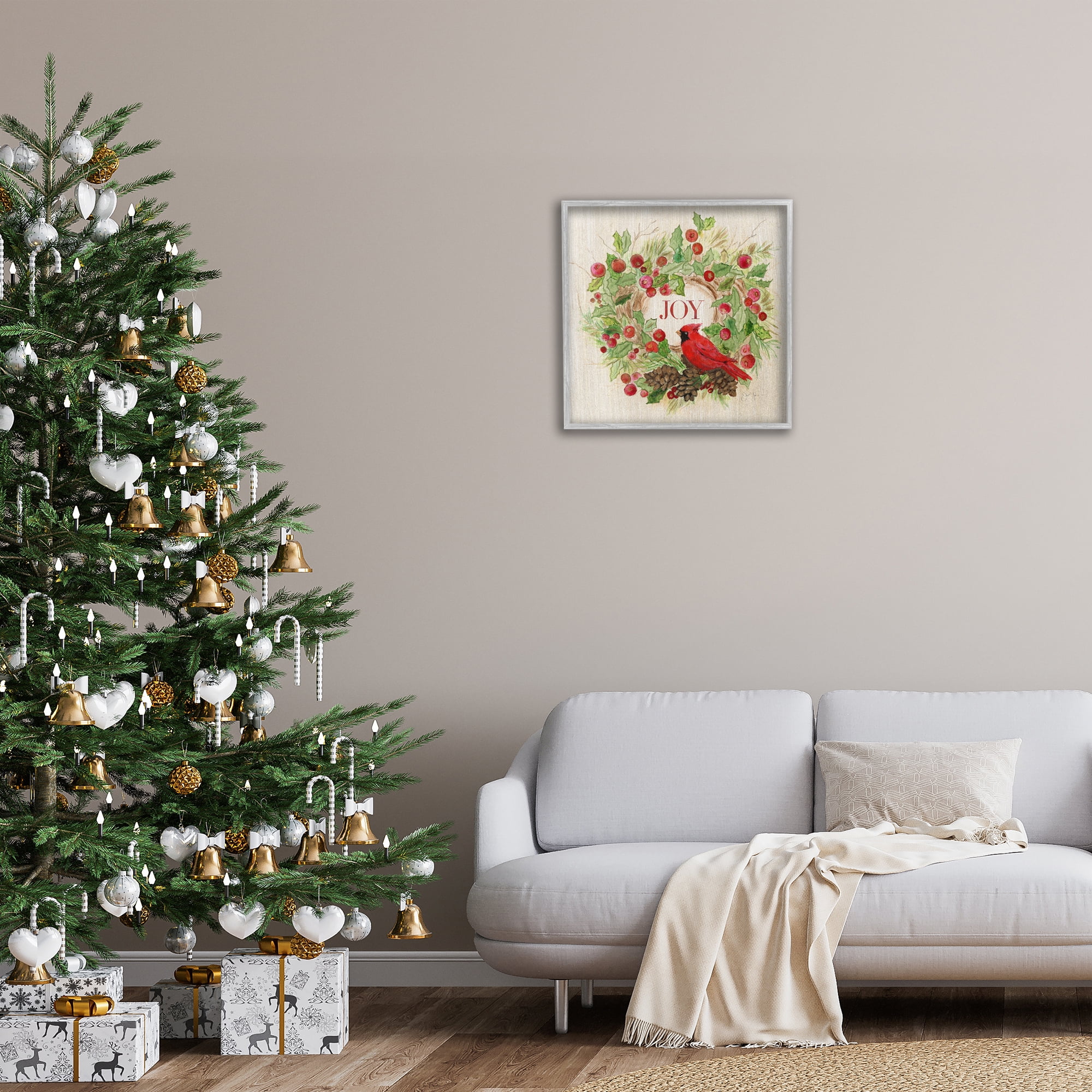Stupell Industries Joy Rustic Winter Wreath Holiday Painting Gray Framed Art Prints Wall Art, 24 x 24