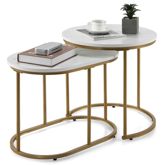 Costway Set de 2 mesas bajas modernas de nido, set mesitas de mármol, mesita de nido de sofá, mesitas redondas apilables para salón habitación piso dormitorio, fácil de montar, mármol y oro