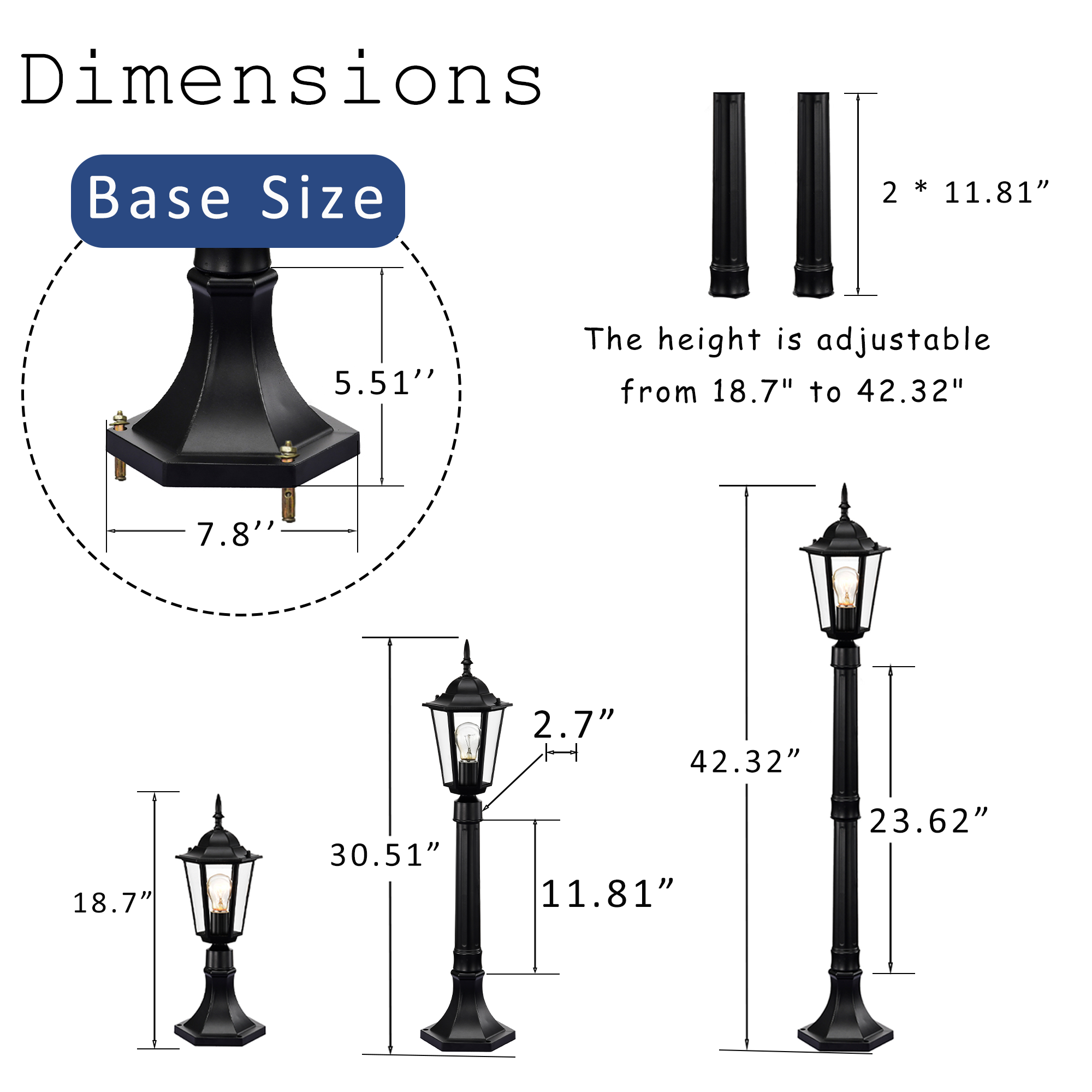 Outdoor Lamp Post Light 42", Adjustable Height Waterproof Post Light Fixture with ClearGlass, Aluminum Outdoor Pole Light for Yard, Garden & Driveway