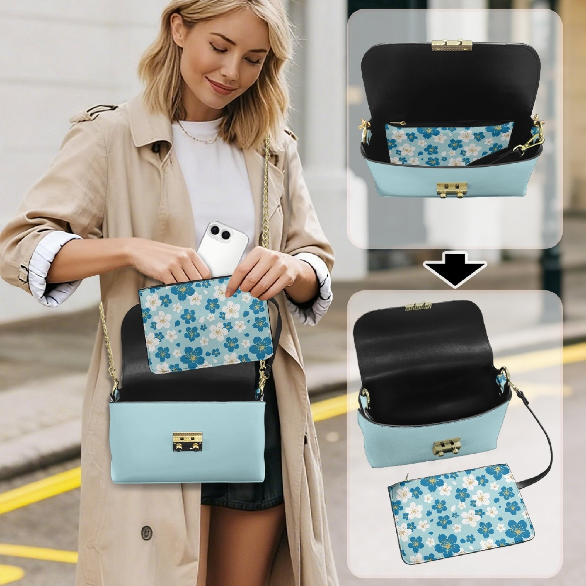 TSOVTHRID Blue Cherry Blossom Print Small Crossbody Bag for Women Leather Shoulder Handbags Trendy Women's Crossbody Bags with Small Shoulder Purses