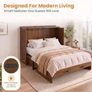Puremind Queen Size Rattan Murphy Bed with Mattress, Hideaway Cabinet Bed with Charging Port and Storage Drawer for Home/Office, Black Walnut