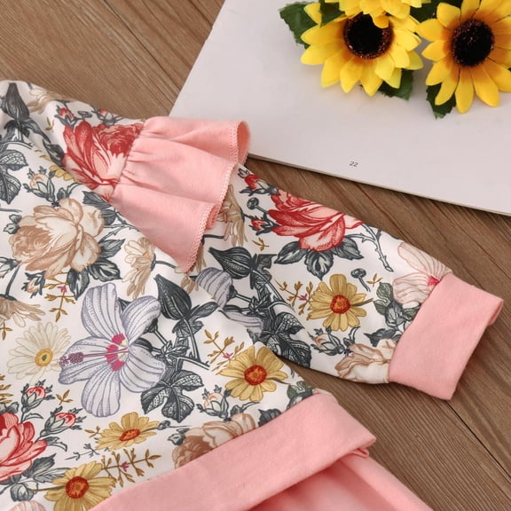 Vedolay Sets for Girls Toddler Girls Outfits 2 Piece Kids Clothes Ruffle Floral Top and Pant Sets with Pockets,Pink 3-4 Years