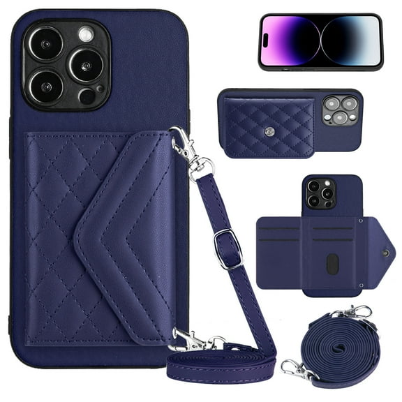 Envelope Design for iPhone 15 Pro Case RFID Blocking Wallet Card Holder Leather PU Flip Cover Folio Lanyard Crossbody Strap Women Girl Magnetic Clasp Kickstand For iPhone 15 Pro, Blue