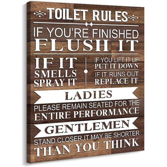 Bathroom Canvas Wall Art Rustic Funny Toilet Rules Prints Signs Framed Wood Background Bath Room HD Picture Artwork Home Decor (Toilet-01, 12 X 15 inch)