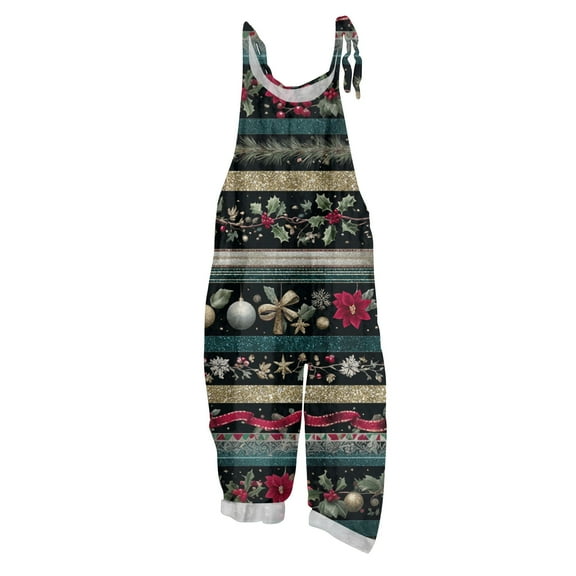 Women's Vintage Cotton Linen Overalls with Christmas Print - Casual Loose Jumpsuit with Shoulder Straps & Pockets, Army Green, Size L