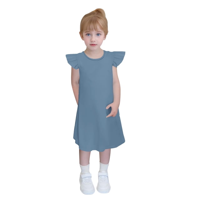 zbxnLI 4-14 Ans Robes Filles Manches Volantées Ligne A Robe d'Été Décontractée Couleur Unie Mignonne Mini Robes