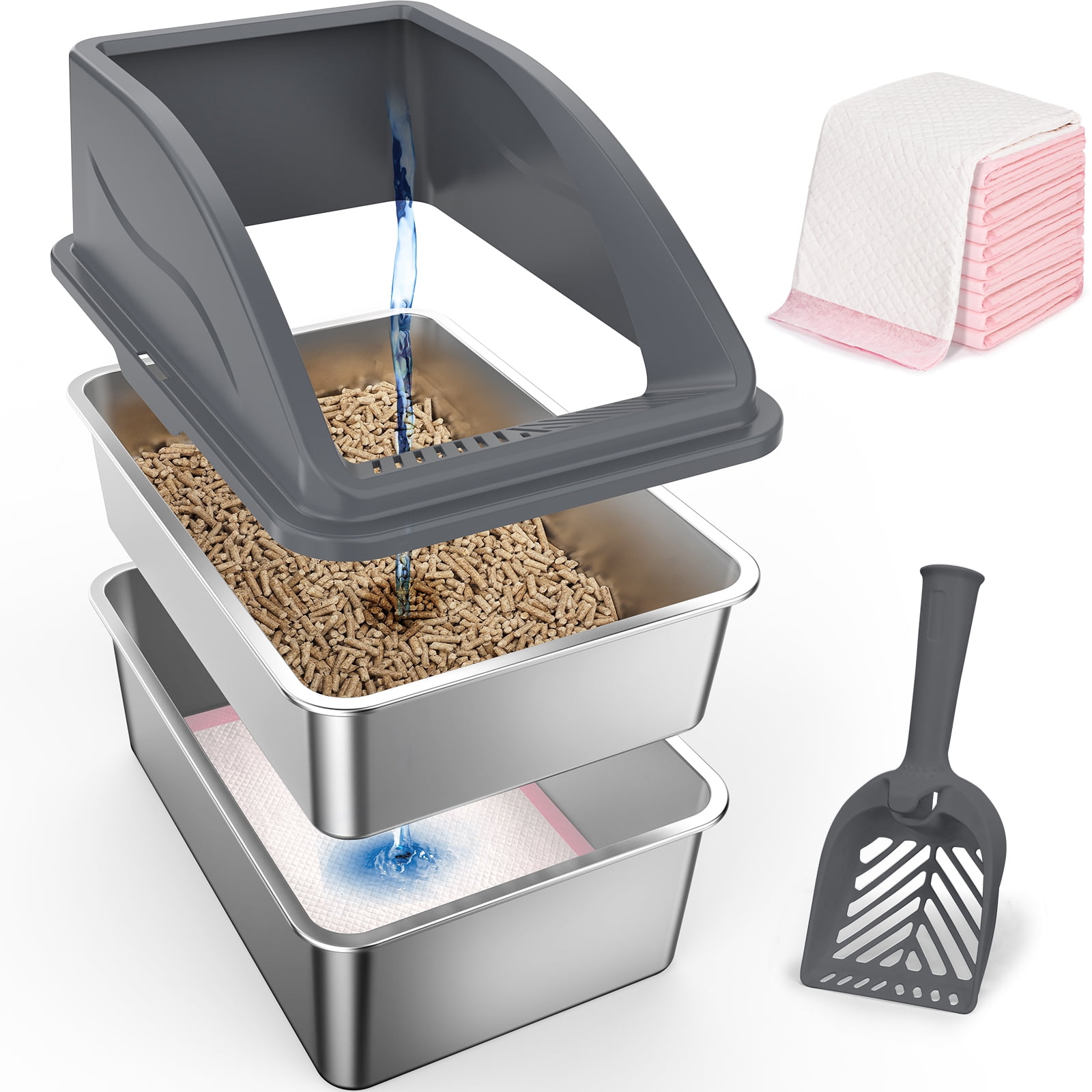 Extra Large Stainless Steel Sifting Litter Box for Pine Pellet Litter, XL Cat Litter Box with Sifter for Large Cats, Non-Clumping System, High-Sided, Anti-Leakage, Non-Stick, Dark Gray