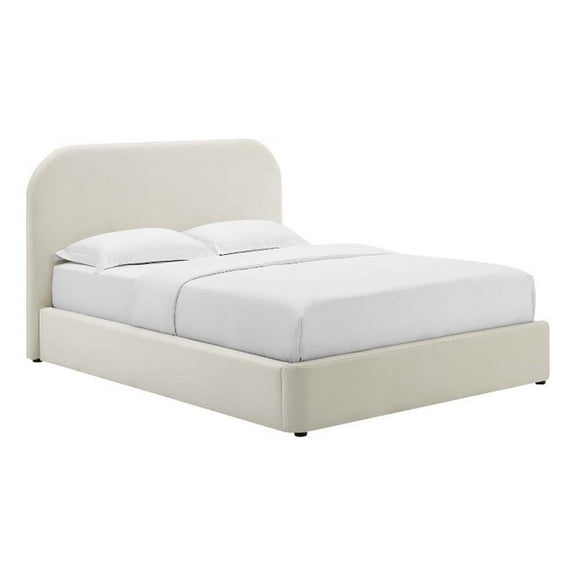 Pemberly Row Performance Velvet Curved King Platform Bed in Alabaster