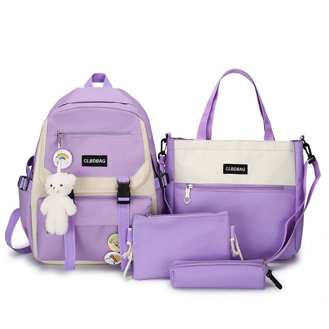 Ladies Canvas Backpack Shoulder Bag Pen Bag Schoolgirl Bag Four Piece