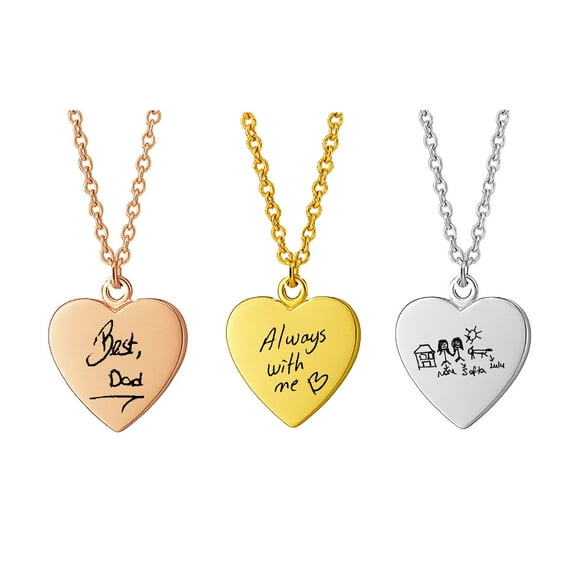 Handwriting Engraved Heart Necklace - Memorial Necklace Custom Kids Drawing Necklace Personalized Keepsake Jewelry with Loved One's Handwriting Note – Unique Memorial Gift for Mom, Dad, Grandparents