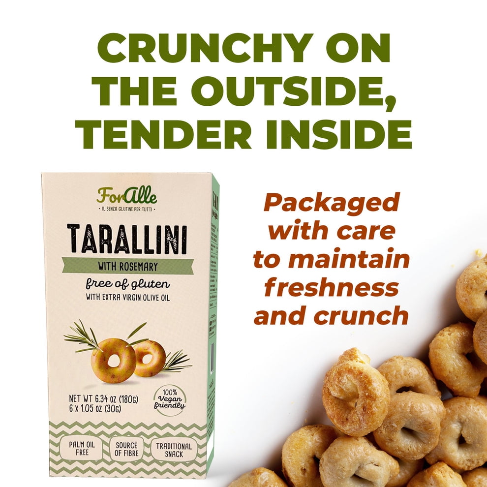 For Alle Gluten Free Tarallini with Rosemary and Extra Virgin Olive Oil, 6x1.05 oz (6.34 oz) – Traditional Italian Pugliese Snack. Oven-Baked. Vegan. Cholesterol-Free. (Pack of 2)