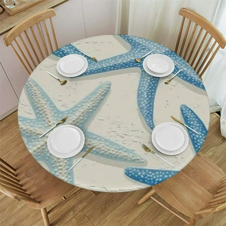 

QKZF Nautical Starfish Beach Coastal Sea Beachy Funny Colorful Navy Blue Round Fitted Table Covers Elastic Edge Circle Tablecloth for Dining Party Holiday 38 -42