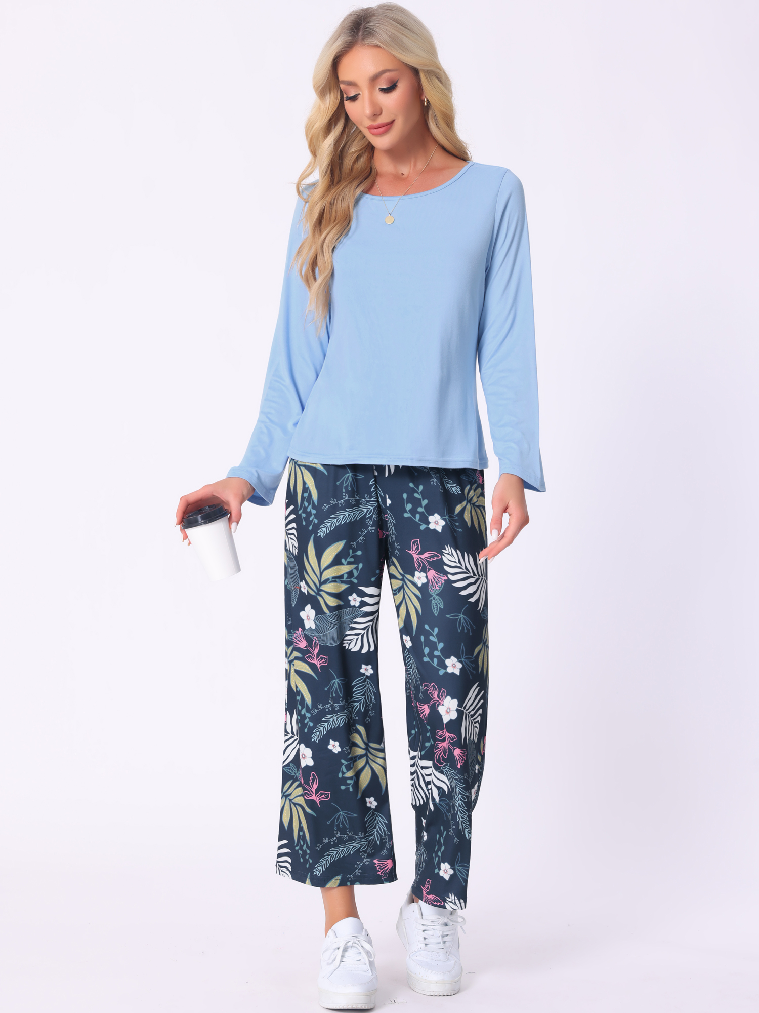DARING DIVA Long Sleeve Floral Capri Soft Strechy Pajama Sets 2 Pieces S Deep Blue
