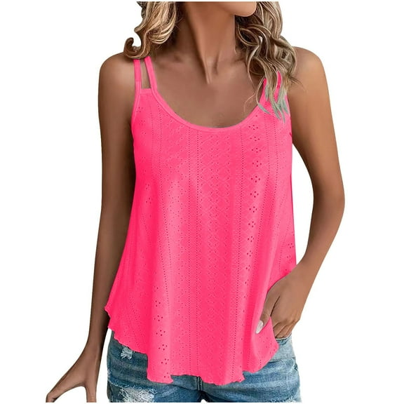 Lovskoo Eyelet Summer Tops for Women 2024 Tank Tops U Neck Sleeveless Tank Top Solid Color Casual Trendy Top Pink