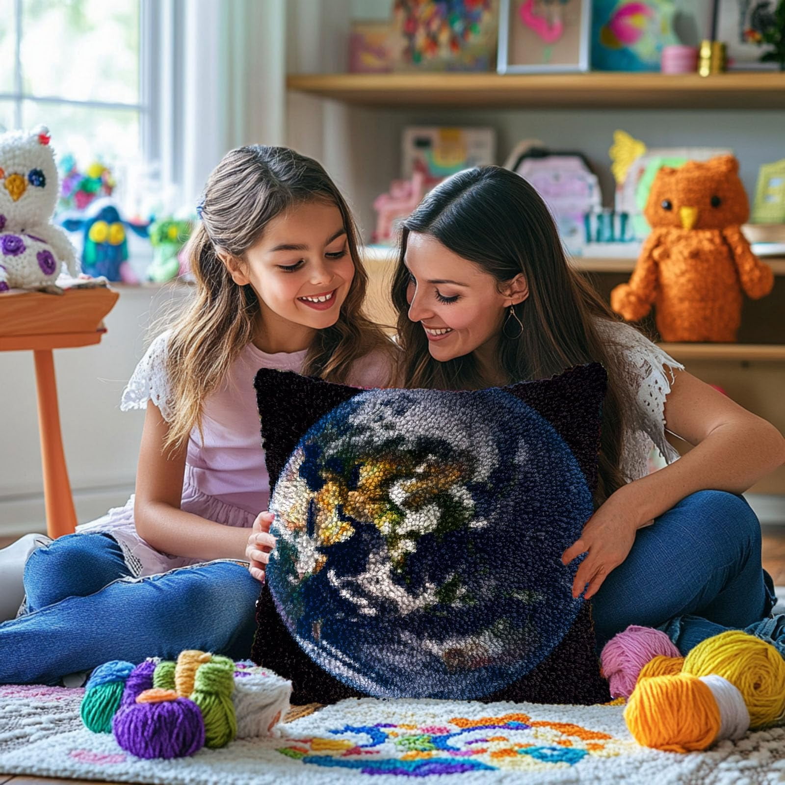 Earth Surface DIY Latch Hook Pillow Kits for Adults Printed Pillowcase Crochet Yarns Hooking Handmade Pillow Cover Cushion for Home Sofa Decoration 17x17inch