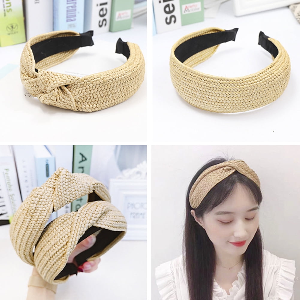 Women Summer Hairband Straw Weave Knotted Headband Wide Hair Hoop Knot Hair Band