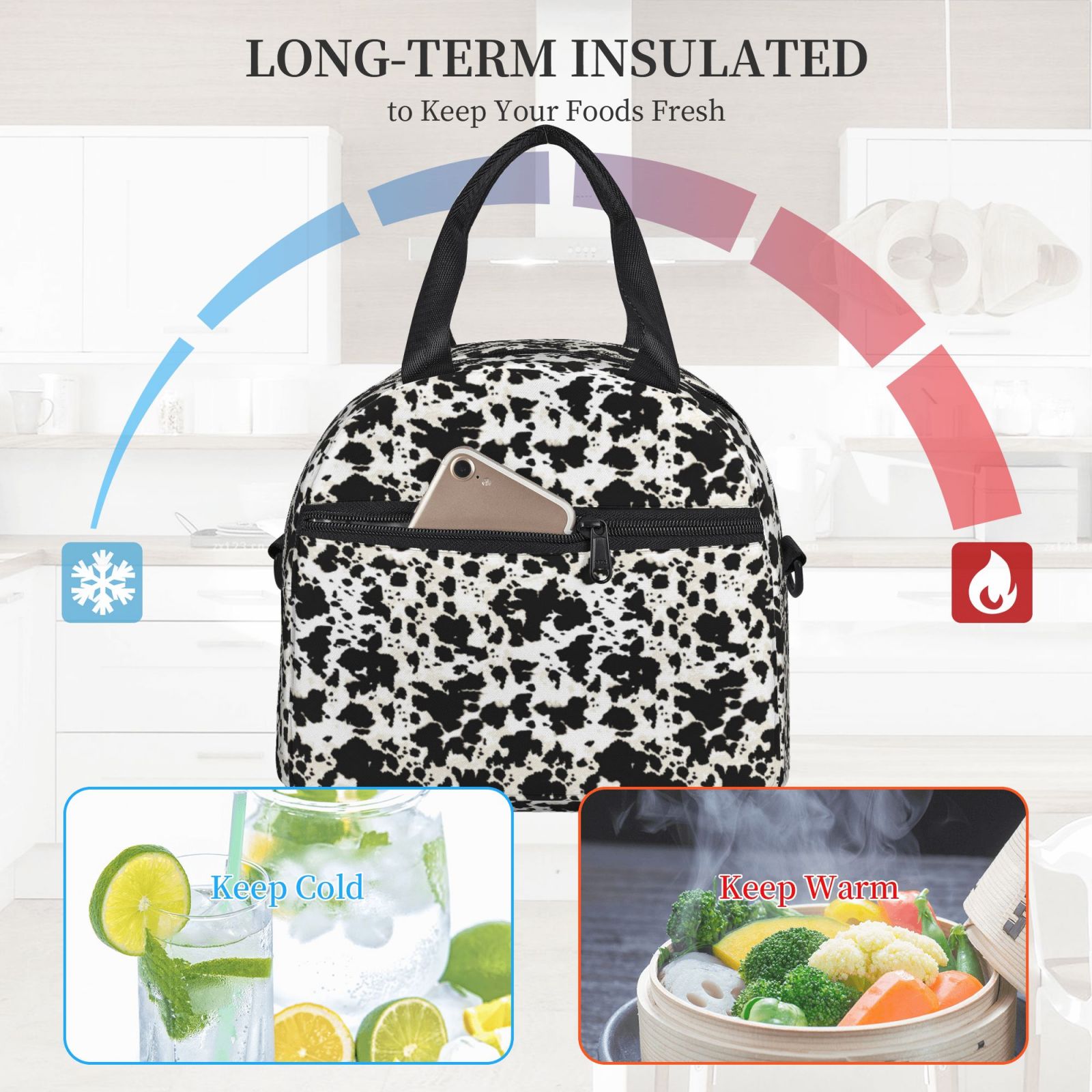 Xecao Cow Skin 1 Print Insulated Lunch Box, Lunch Cags Lunch Bag Featuring An Adjustable Shoulder Strap