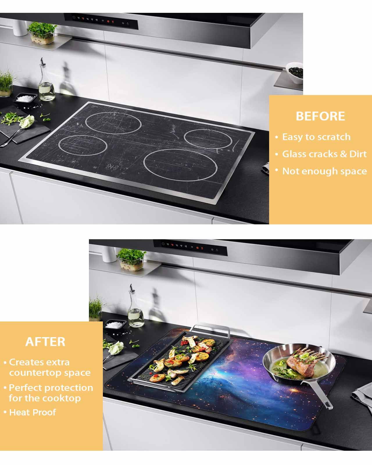 nqOlkjepod Large Induction Cooktop Protector Mat 24"x21", Teal Purple Blue Sky Stove Top Covers for Electric Stove, Modern Abstract Orange Stars Stove Burner Cover Mats, Glass Top Stove Cover