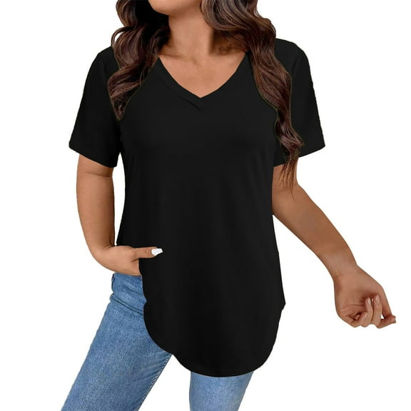 Womens T Shirts V Neck Summer Short/Long Sleeve Cotton Tops Tees Black Women Blending Shirts Women's Short Sleeve T-Shirt(XL)