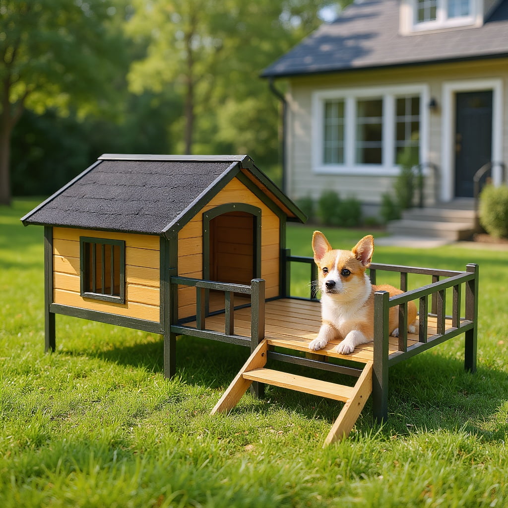 Pefilos 67" Wood Dog House for Medium Dogs, Outdoor and Indoor Cat Shelter, Weatherproof Pet Kennel with Porch, Beige