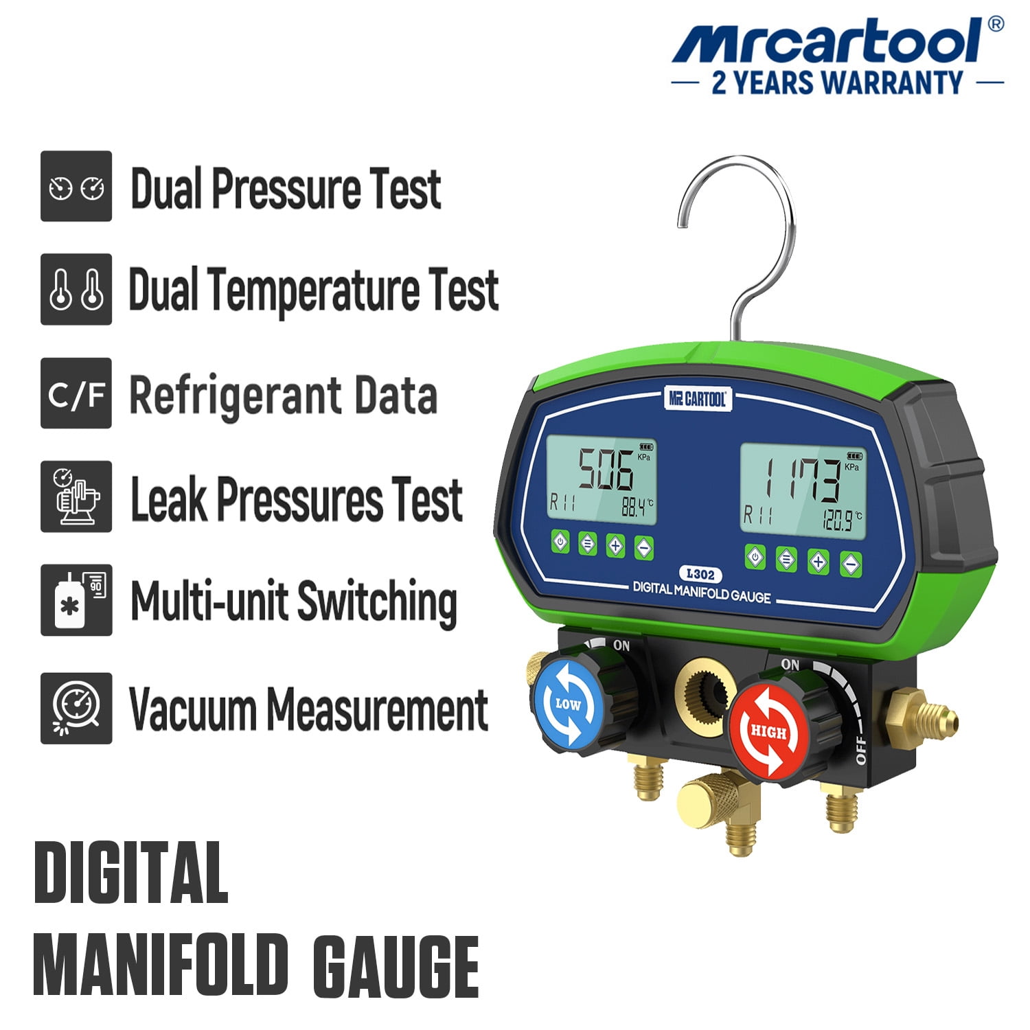 Mrcartool L302 Digital Manifold Gauge Set Dual Channel 90 Refrigerants Vacuum Leak Detection for HVAC Auto AC 1 Pack