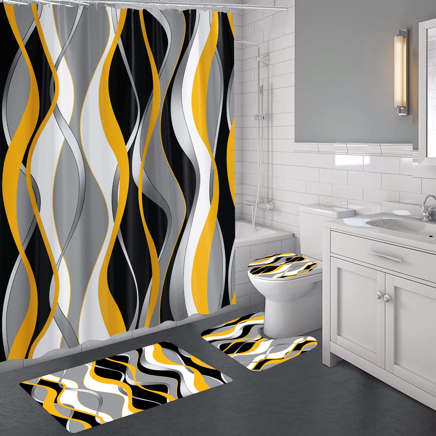 4-Piece Black And White Striped Shower Curtain Set – Grey Bathroom Set With Black Accents