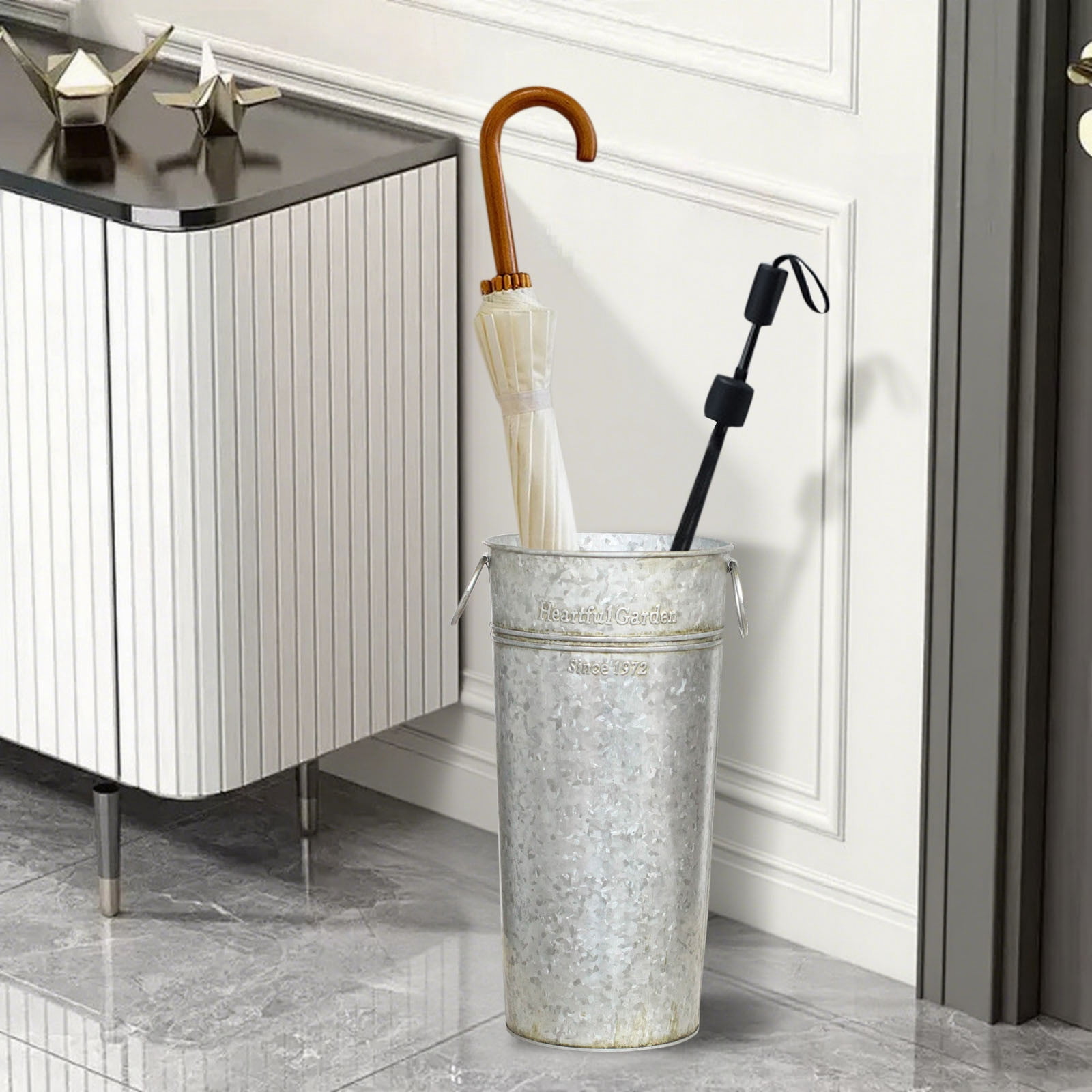 Galvanized Metal Umbrella Stand Holder for Walking Sticks and Canes Farmhouse French Style Decorative Storage Bucket with Handles