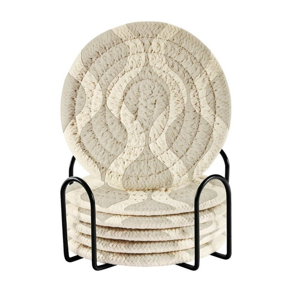 Yayeee 6 PCS Drink Coasters with Holder Set Woven Absorbent Round Tabletop Hot Pad, Light Gray Pattern