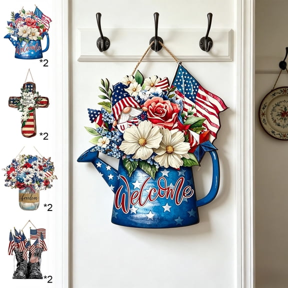 Memorial Day Saving!4th of July Decorations, The US Independence Day Round Wooden Sign Pendant Festival Star And Stripe Wooden Ornament Welcome Sign