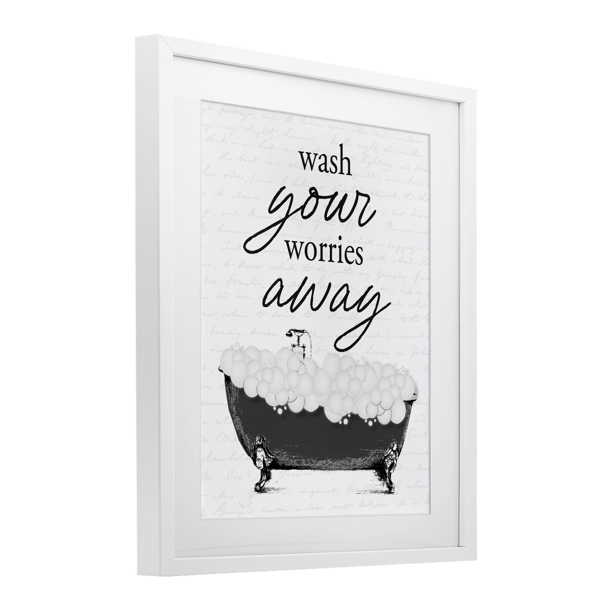 Bubble Bath Wash Worries White Framed Print Under Glass, design by Lettered and Lined
