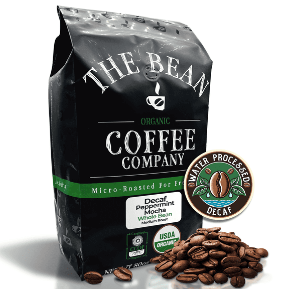 The Bean Organic Coffee Company Water Processed DECAF Peppermint Mocha, Medium Roast, Whole Bean Coffee, 80 Ounce Bag