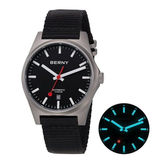 BERNY Automatic Titanium Watches for Men, Sport Casual 10ATM Waterproof Analog Mechanical Watch with Date, Nylon Strap, Super Luminous, Sapphire Crystal, Fashion Minimalist Wrist Watch (Black)
