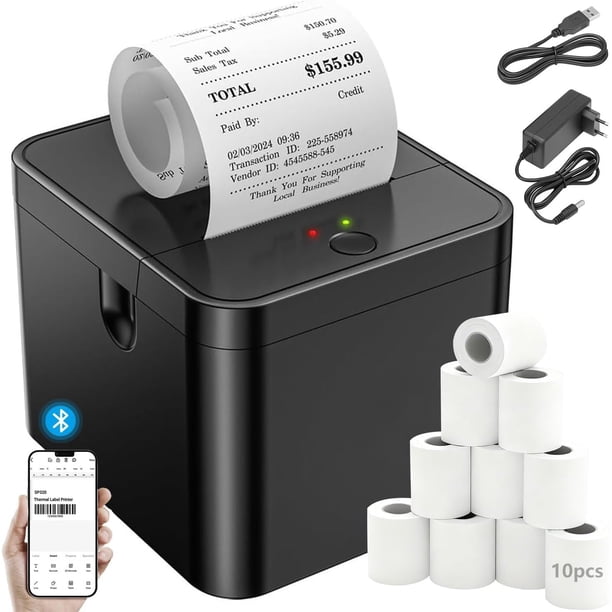 Impresora Termica Portátil, 58MM Mini Impresora de Etiquetas, con 10 Rollos de Papel, Bluetooth y USB Impresora de Tickets, Compatible con iOS/Android/Windows, Ideal para Comercios y Restaurantes