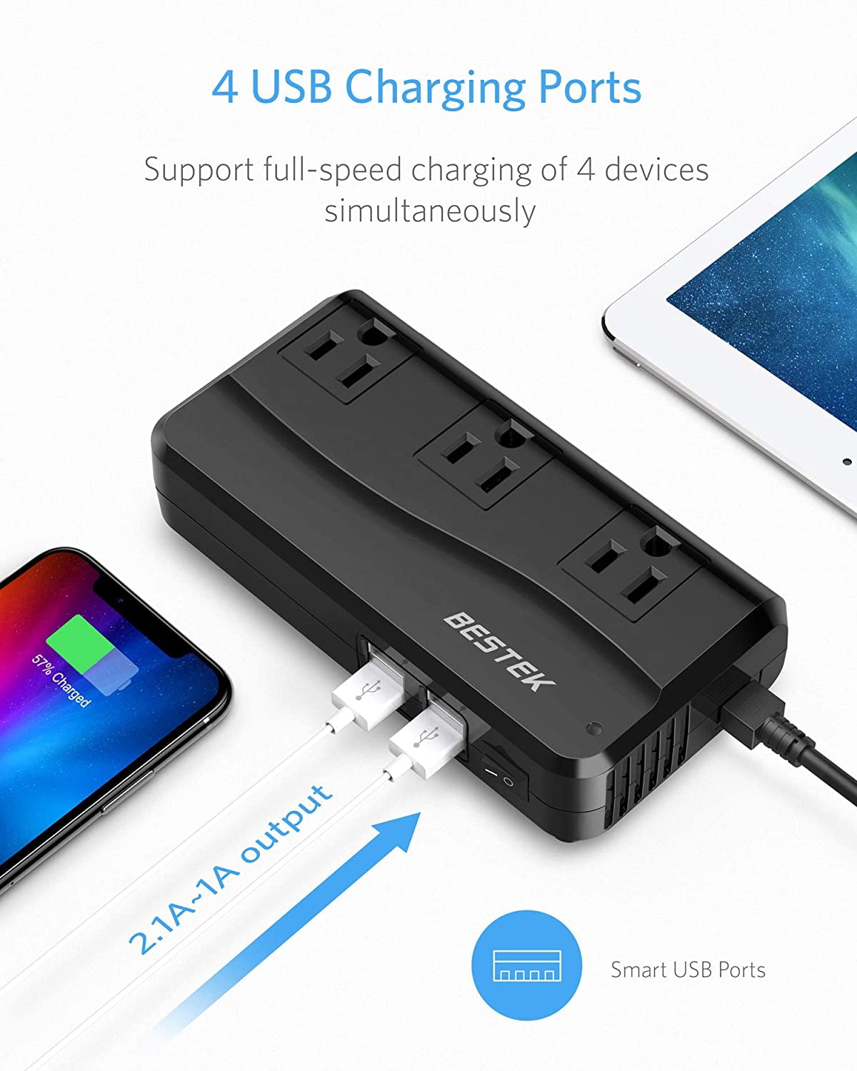 BESTEK 200W Power Inverter, DC 12V to 110V AC Car Converter Adapter with 4.2A Dual USB Charger with ETL Listed, Black