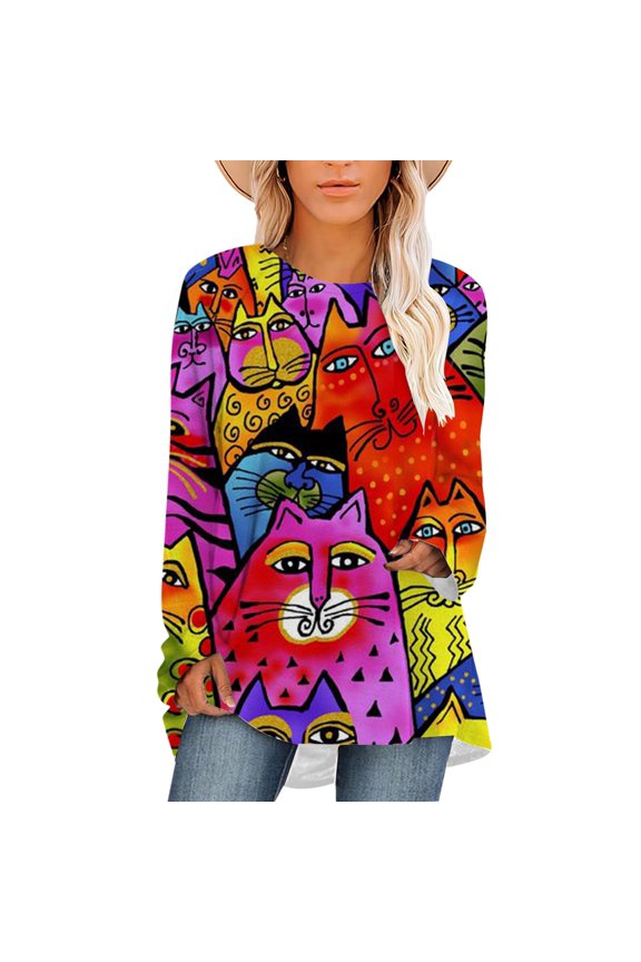 Lovely Cats Printed T-Shirts Workout Wear Scoop Hem Top Oversized Women Clothes
