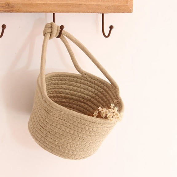 KONTONTY Woven Cotton Rope Hanging Basket, Round Storage Organizer for Sundries, Khaki Container for Home and Office