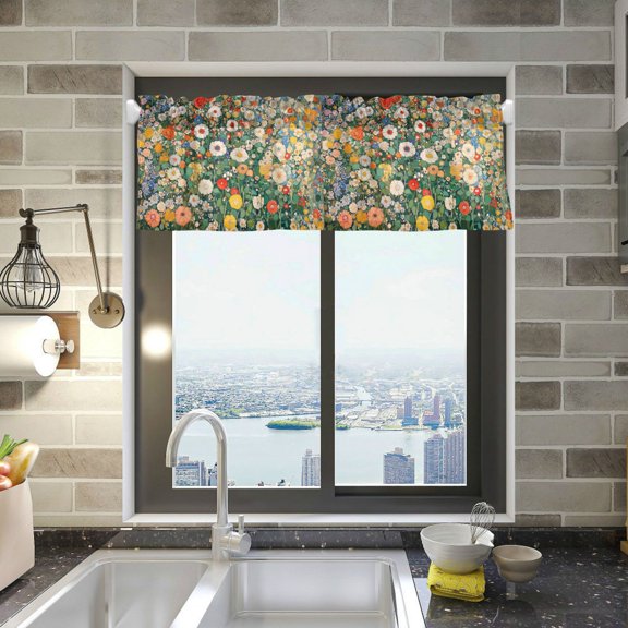 Yayeee Kitchen Valance Rod Pocket 54" x 18" Living Room Window Curtain, Beige Floral Garden
