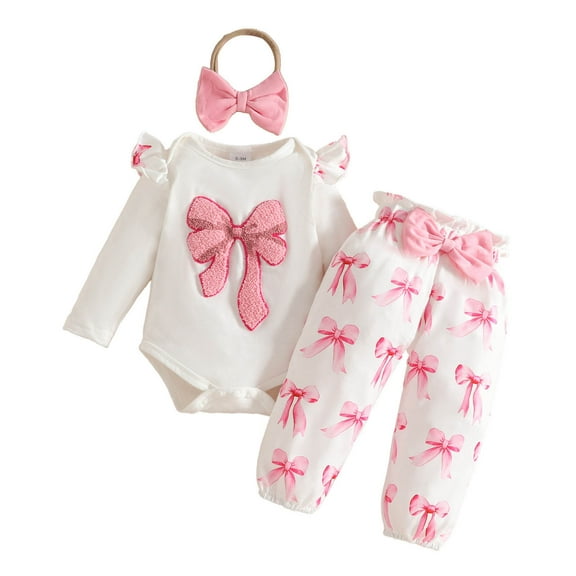 Hpapadks Toddler Girl Outfits Long Sleeve Bowknot Embroider Romper Bodysuit Pants Headbands 3 Piece Set Baby Girl Clothes Pink 9-12 m
